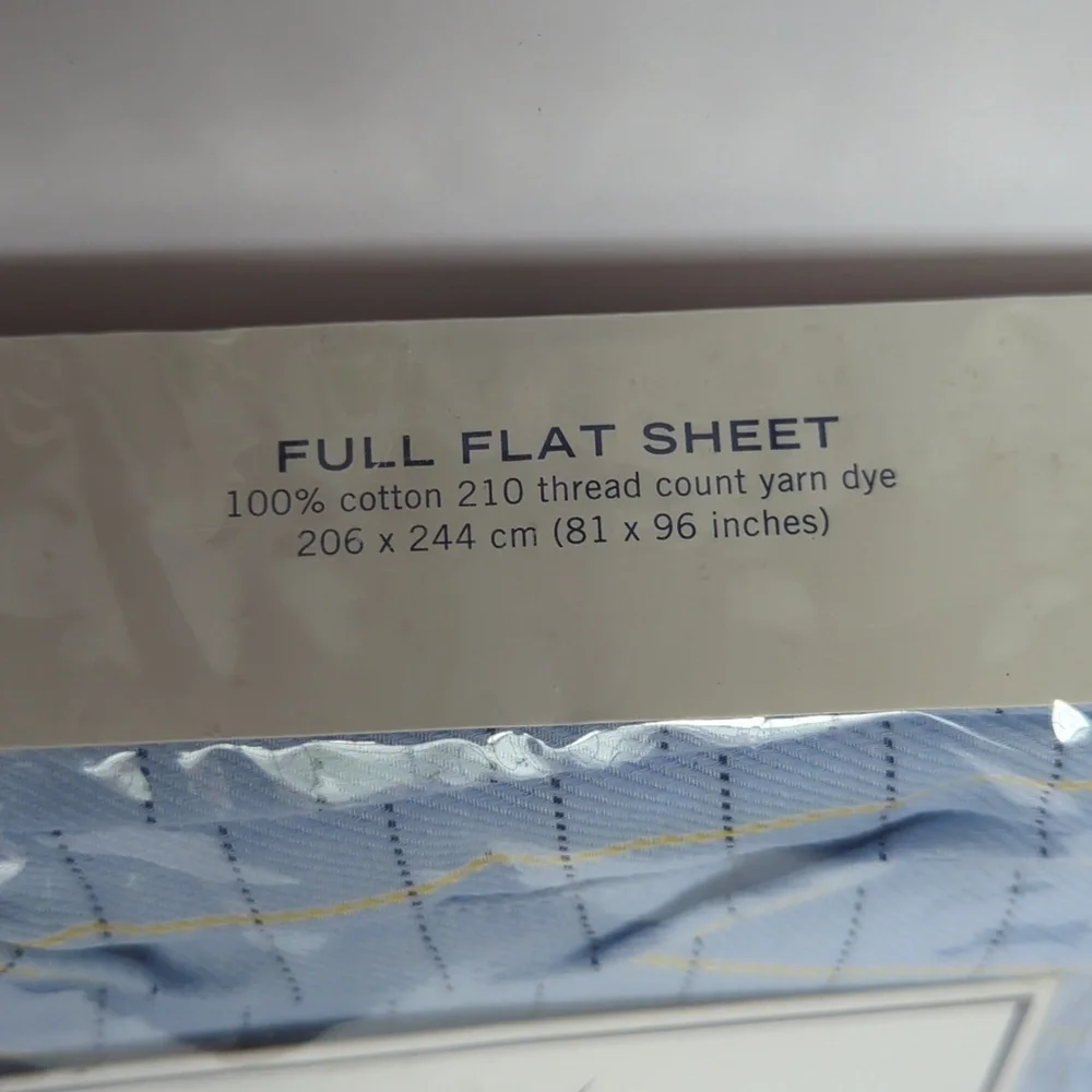 Nautica Full Flat Sheet 100% Cotton Windowpane Design in Blue and Yellow NEW